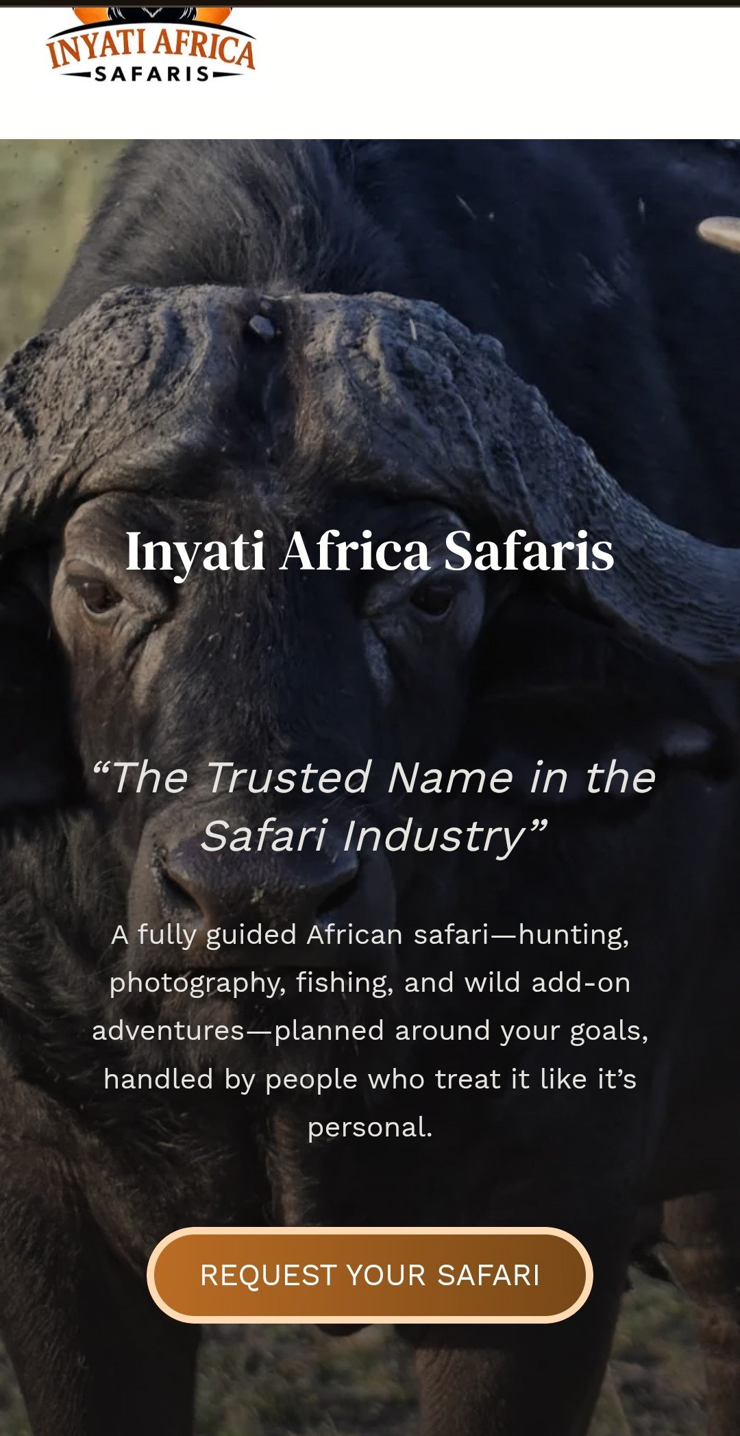 Inyati Africa Safaris website displayed on a phone